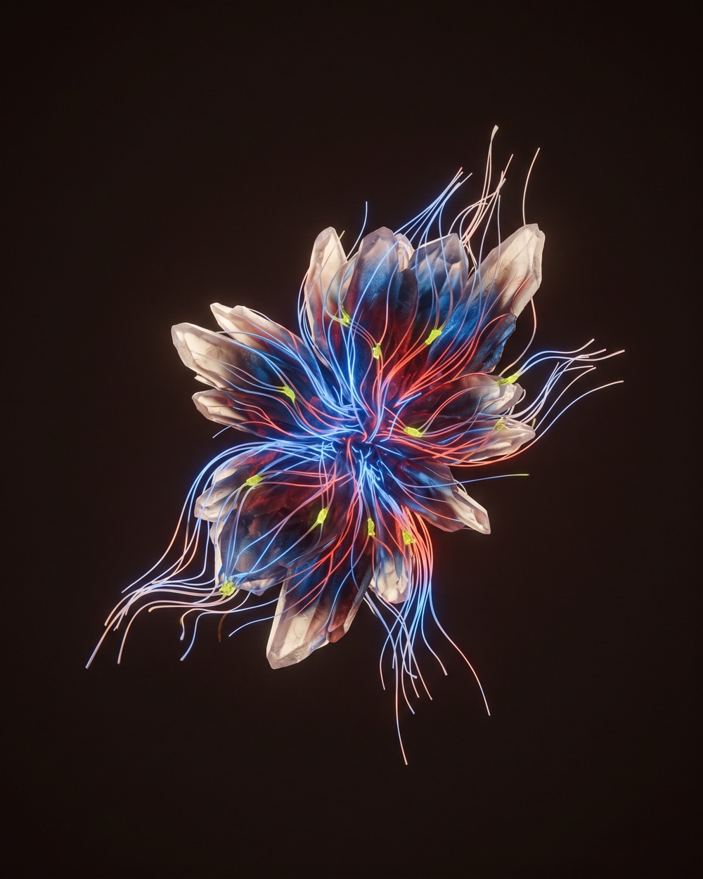 Antenna Bloom, a translucent amber and cobalt botanical organism suspended on a black mineral field